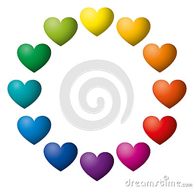 Twelve rainbow color hearts arranged in a circle Vector Illustration
