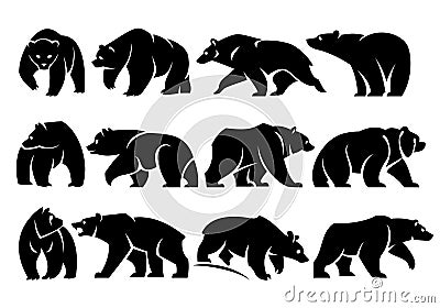 Twelve Separate walking figures of bears. Vector Illustration