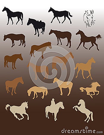 Twelve silhouettes of standing horses set in brown colors Vector Illustration