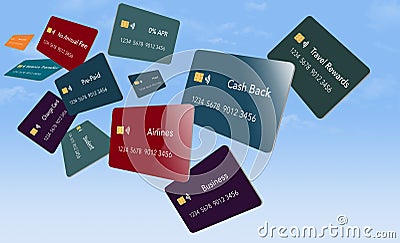 Twelve types of credit cards. All are blue with EMV chip and a tap to pay icon. Stock Photo