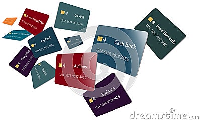 Twelve types of credit cards. All are blue with EMV chip and a tap to pay icon. Stock Photo