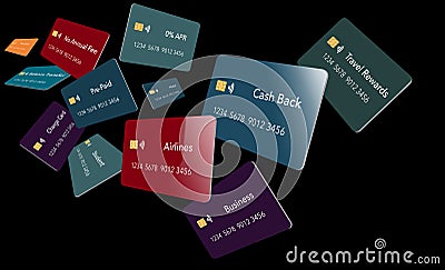 Twelve types of credit cards. All are blue with EMV chip and a tap to pay icon. Stock Photo