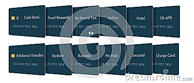 Twelve types of credit cards. All are blue with EMV chip and a tap to pay icon. Editorial Stock Photo