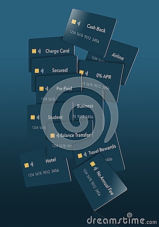 Twelve types of credit cards. All are blue with EMV chip and a tap to pay icon. Stock Photo