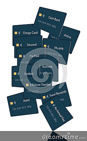 Twelve types of credit cards. All are blue with EMV chip and a tap to pay icon. Stock Photo