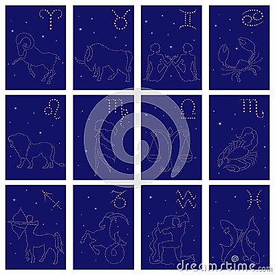 Twelve Zodiac sign starry contours Vector Illustration