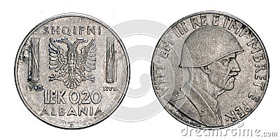 Twenty 20 cents LEK Albania Colony acmonital Coin 1940 Vittorio Emanuele III Kingdom of Italy,World war II Stock Photo