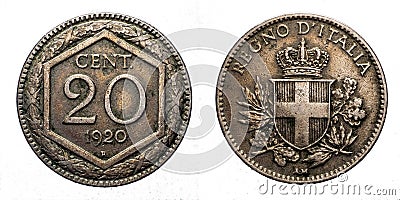 Twenty 20 cents Lire Silver Coin 1920 Exagon Crown Savoy Shield Vittorio Emanuele III Kingdom of Italy Stock Photo