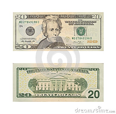 20, twenty dollar of The United States of America banknote. US currency. Money isolated on white background. Financial investment Stock Photo