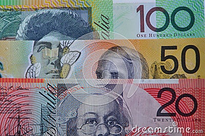 Twenty, fifty and one hundred Australian Dollas notes Stock Photo