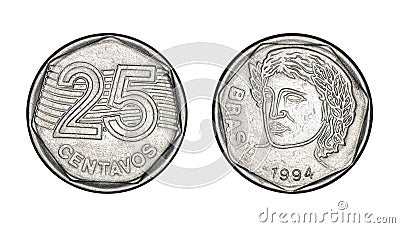 Twenty five cents brazilian real coin, front and back faces - Old Coins From Brazil Stock Photo