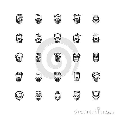 Twenty five icons of male haircuts, beard, mustaches isolated on white background. Vector Illustration