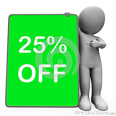 Twenty Five Percent Off Tablet Character Means 25% Reduction Or Stock Photo
