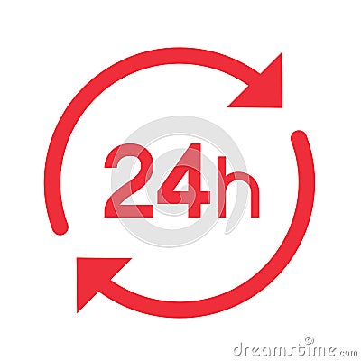 Twenty four hour with arrow loop icon, 24 hours cyclic sign, Opened order execution or delivery, All day business and service Vector Illustration