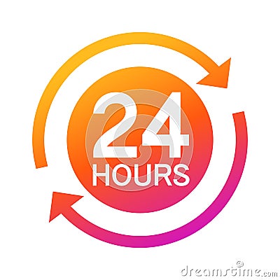 Twenty four hour with arrow loop icon, 24 hours cyclic sign, Opened order execution or delivery, All day business and service Vector Illustration