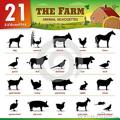 Twenty one Farm animal silhouettes Vector Illustration