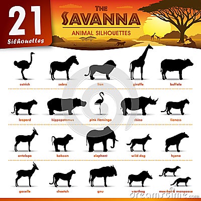 Twenty one Savanna animal silhouettes Vector Illustration