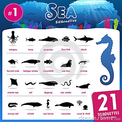 Twenty one Sea animal silhouettes part.1 Vector Illustration