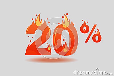 Twenty percent discount, numbers on fire Vector Illustration