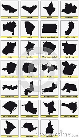 Twenty seven black maps of the Subdivisions of Brazil Vector Illustration