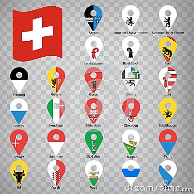 Twenty six flags the Provinces of Switzerland - alphabetical order with name. Set of 2d geolocation signs like flags Cantons of Vector Illustration