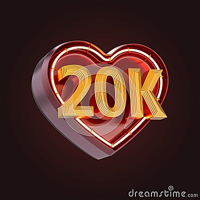 Twenty thousand or 20k follower celebration love icon neon glow lighting 3d render Stock Photo