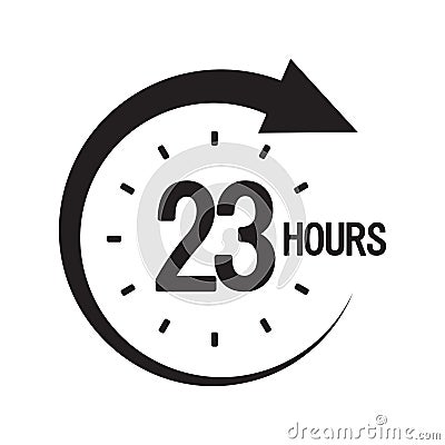 Twenty three hours. Black circular arrow. Timer countdown icon. Vector clock design. Vector Illustration