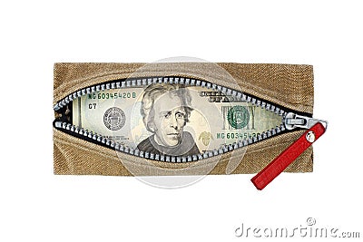 Twenty us dollar banknotes in open wallet with zipper white background isolated close up top view, 20 american dollar in purse Stock Photo