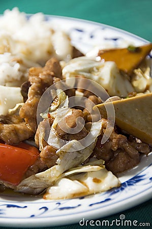 Twice cooked pork with mixed chinese vegetables Stock Photo