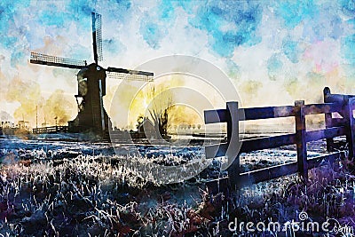 Twight light sunrise on the Unesco heritage windmill watercolor Stock Photo