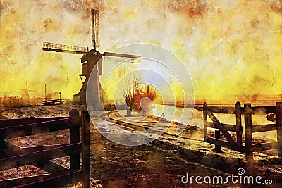 Twight light sunrise on the Unesco heritage windmill watercolor Stock Photo