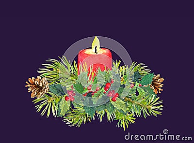 Twigs of Christmas tree, candle, mistletoe. Watercolor Stock Photo