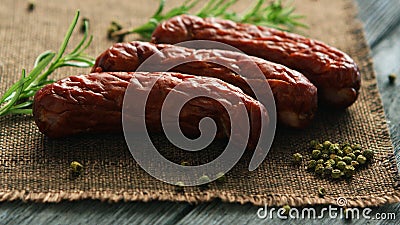Spices near whole sausages Stock Photo