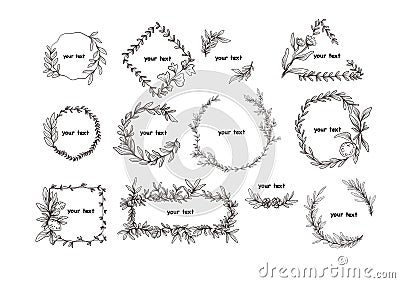 twigs trees leaves frames flowers black and white wreath png ai Stock Photo