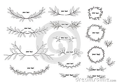 twigs trees leaves frames flowers black and white wreath png ai vector Stock Photo