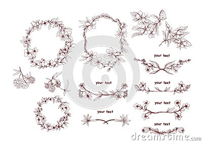 twigs trees leaves frames flowers black and white wreath png ai vector Stock Photo
