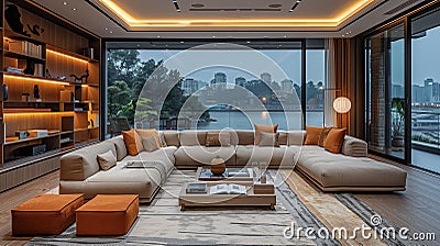 In the twilight hours, the living room offers a peaceful retreat, inviting quiet reflection Stock Photo