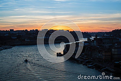 Twilight over the Douro river, top view, Porto Stock Photo