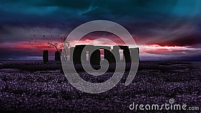 Twilight over a stone circle Stock Photo