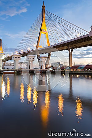 Twilight over twin suspension bridge Stock Photo