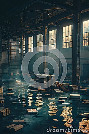 Twilight scene of a partially submerged warehouse parcels floating around creating a serene yet chaotic atmosphere Stock Photo