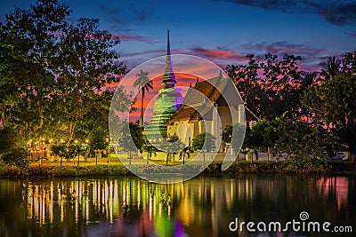 Twilight scene of traphangthong temple in Sukhothai Stock Photo