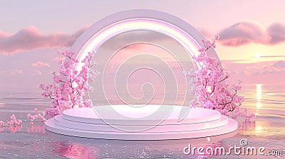 Twilight setting hydrangea arch frames empty product podium for placement in enchanting display Stock Photo