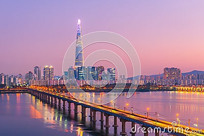 Twilight sky sunset at Seoul City and Lotte Tower,South Korea. Editorial Stock Photo