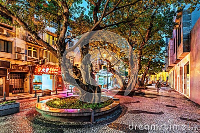 Twilight street view of the historic center of Macao. Scenic townscape of old city with street illumination Editorial Stock Photo