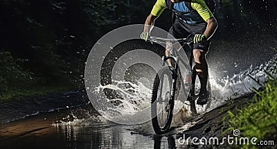 Twilight Terrain - Mountain biker at night riding through forest stream and splashing water around. Generative AI Stock Photo