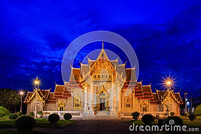 Twilight Time with Granite Benchamabophit Temple Landscape in Bangkok Thailand Stock Photo