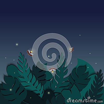 Twilight tropical scene with palm leaves and fireflies Vector Illustration