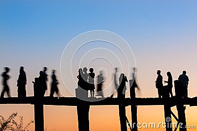 Twilight in Uben Bridge in Myanmar. Editorial Stock Photo