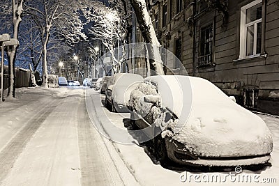 Twilight winter Lviv city, Ukraine. Stock Photo